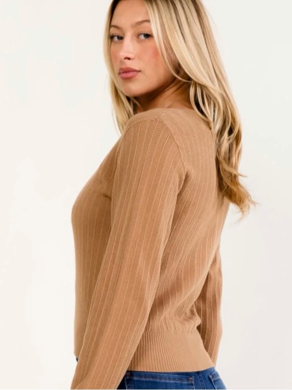 A552. Promesa Scoop Neck Cable Knit Sweater - Camel - Picture 4 of 4